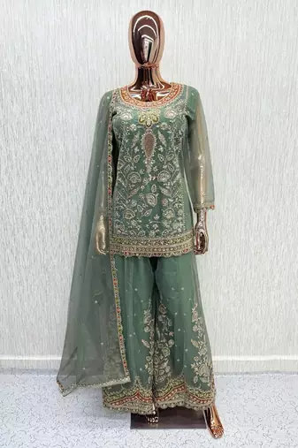 Sage green heavy dola silk sequins work palazzo suit
