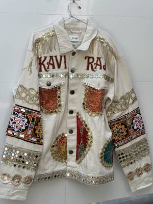 Navratri off white pure denim jacket with gamthi artwork 1