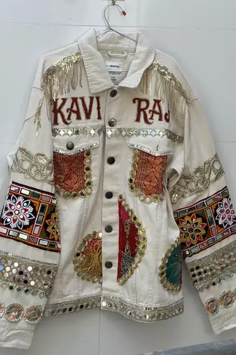 Navratri off white pure denim jacket with gamthi artwork