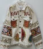 Navratri off white pure denim jacket with gamthi artwork