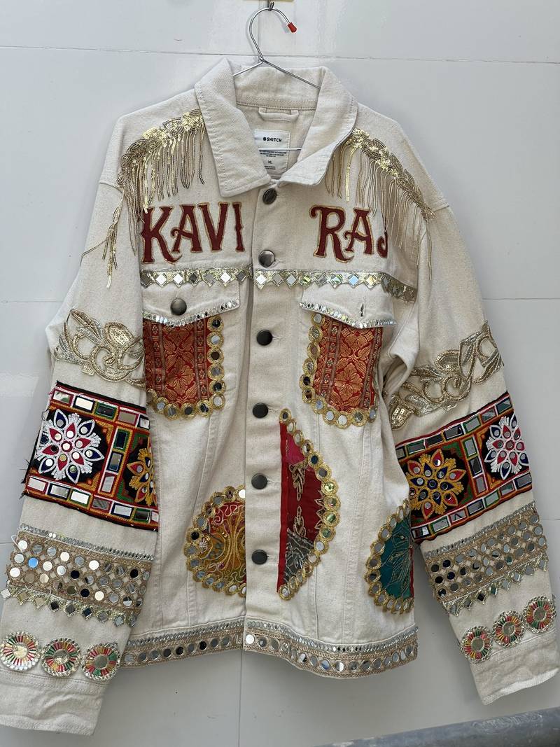 Navratri off white pure denim jacket with gamthi artwork