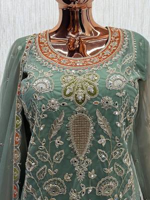 Sage green heavy dola silk sequins work palazzo suit 4