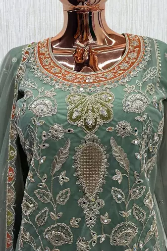 Sage green heavy dola silk sequins work palazzo suit