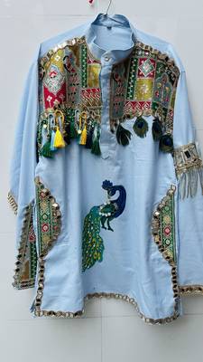 Navratri blue cotton kurta with hand-painted peacock mirror work 1