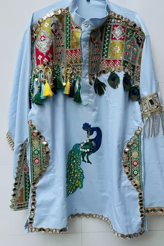 Navratri blue cotton kurta with hand-painted peacock mirror work