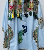 Navratri blue cotton kurta with hand-painted peacock mirror work