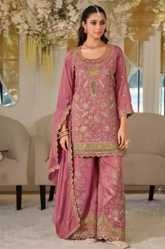 Rani pink heavy dola silk sequins work palazzo suit