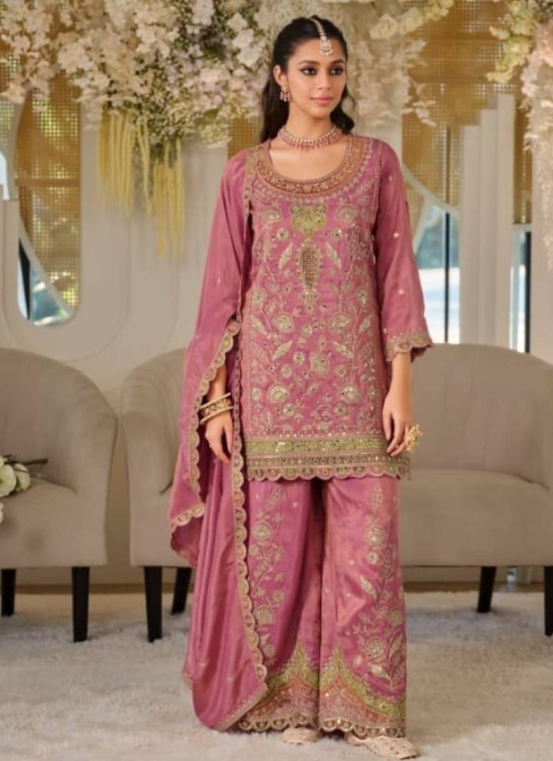 Rani pink heavy dola silk sequins work palazzo suit