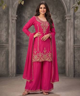 Rani pink premium chinnon beads work suit set 1