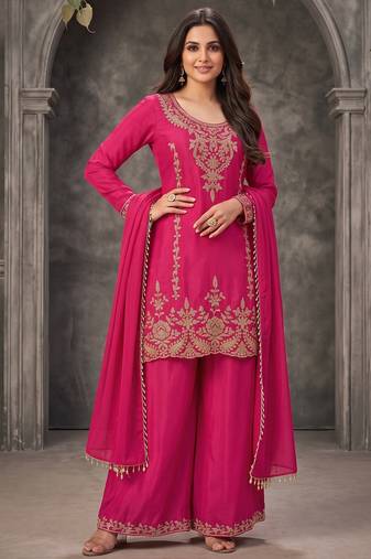 Rani pink premium chinnon beads work suit set