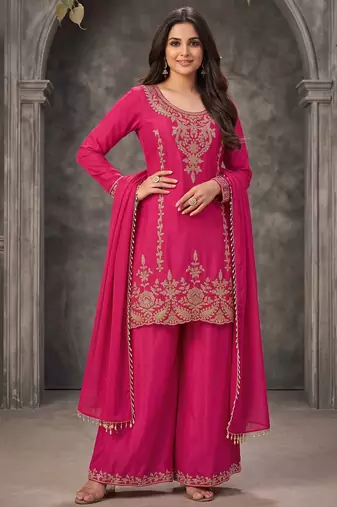 Rani pink premium chinnon beads work suit set