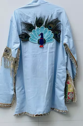 Navratri blue cotton kurta with hand-painted peacock mirror work