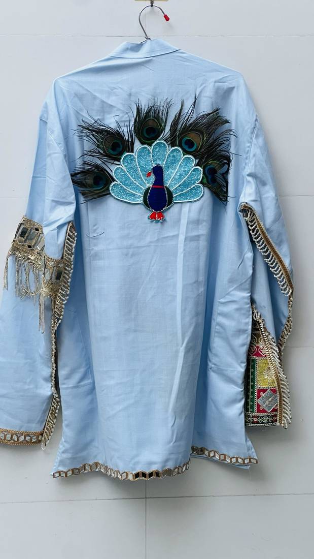 Navratri blue cotton kurta with hand-painted peacock mirror work