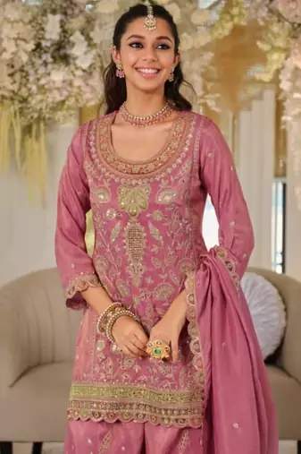 Rani pink heavy dola silk sequins work palazzo suit