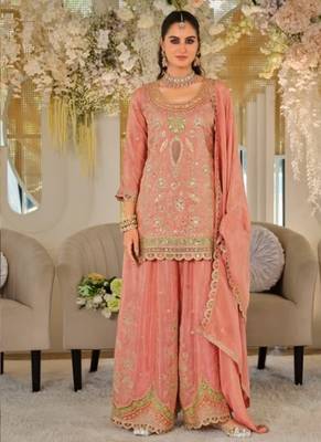 Peach heavy dola silk sequins work palazzo suit 1