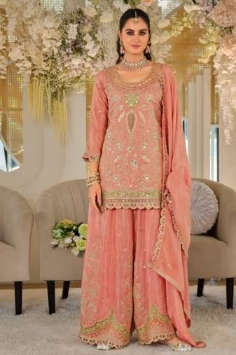 Peach heavy dola silk sequins work palazzo suit