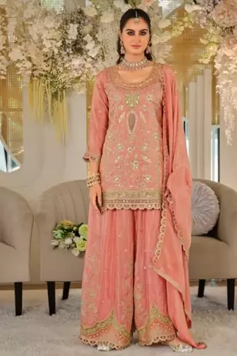 Peach heavy dola silk sequins work palazzo suit