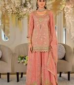 Peach heavy dola silk sequins work palazzo suit