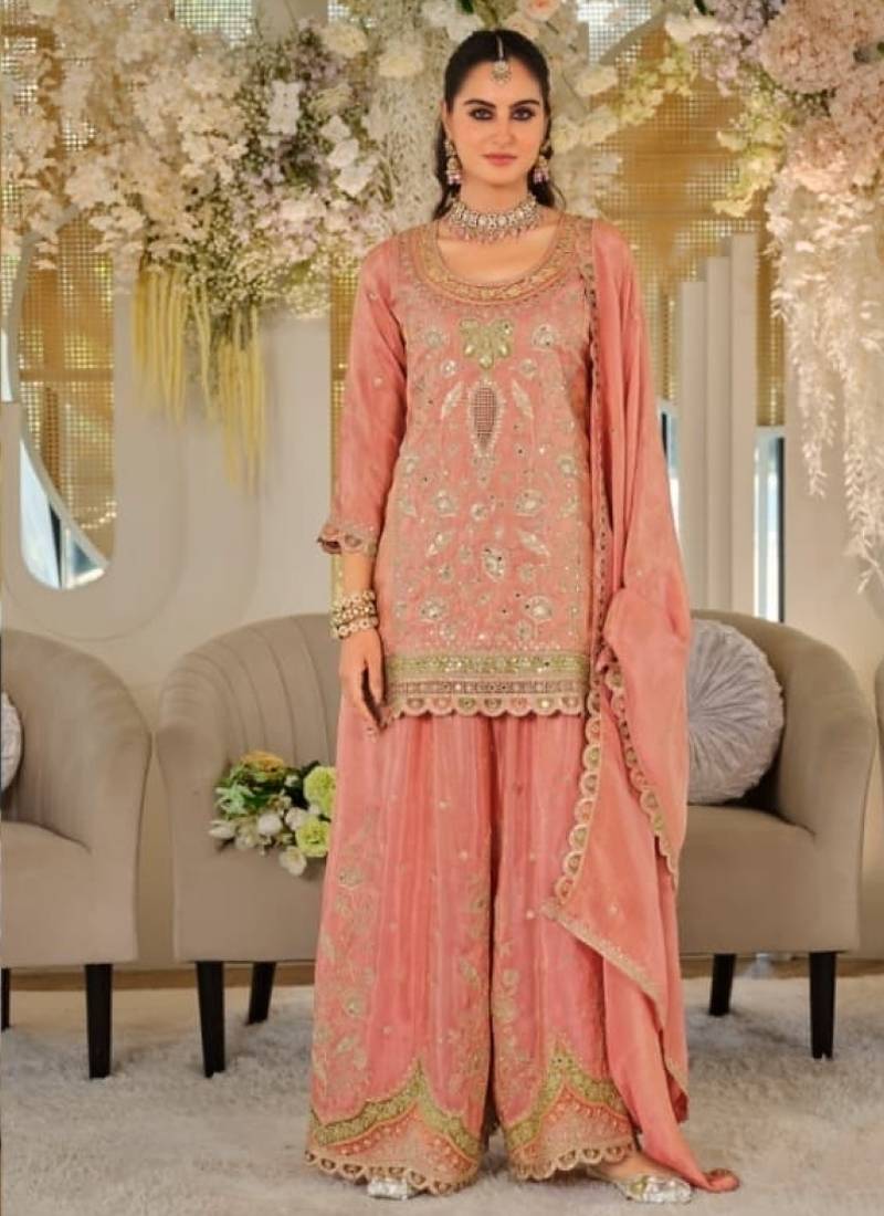 Peach heavy dola silk sequins work palazzo suit