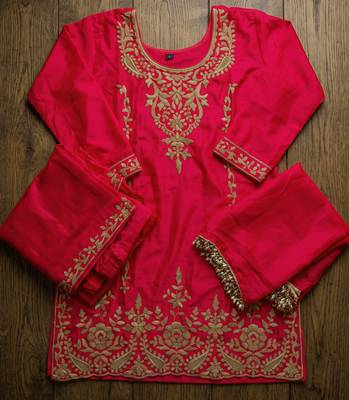 Rani pink premium chinnon beads work suit set 3