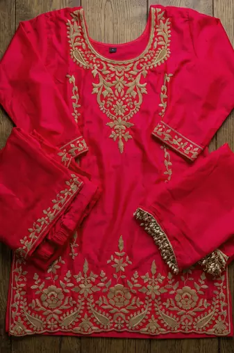 Rani pink premium chinnon beads work suit set
