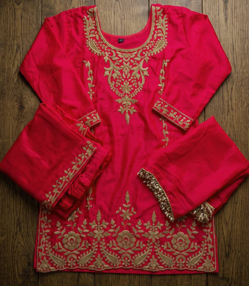 Rani pink premium chinnon beads work suit set