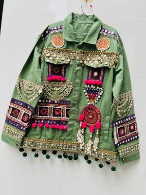 Navratri green pure denim jacket with kutchi mirror work 1