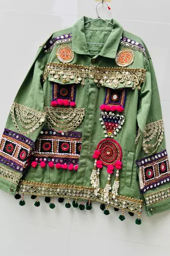 Navratri green pure denim jacket with kutchi mirror work