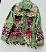 Navratri green pure denim jacket with kutchi mirror work