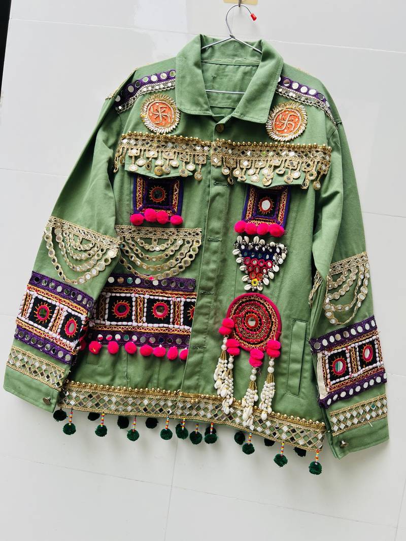 Navratri green pure denim jacket with kutchi mirror work