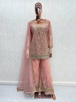 Peach heavy dola silk sequins work palazzo suit 2