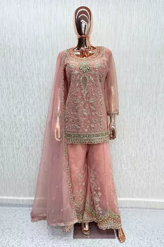 Peach heavy dola silk sequins work palazzo suit