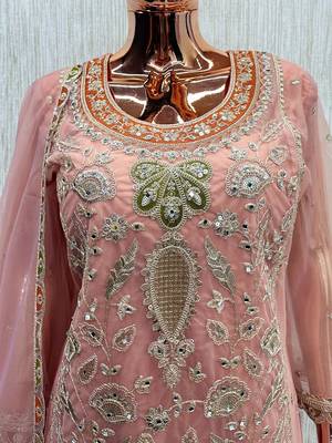 Peach heavy dola silk sequins work palazzo suit 3