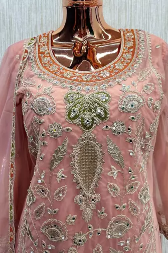 Peach heavy dola silk sequins work palazzo suit