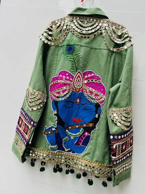 Navratri green pure denim jacket with kutchi mirror work 3