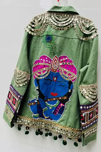 Navratri green pure denim jacket with kutchi mirror work