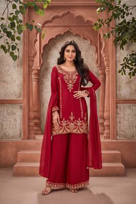 Red premium chinnon beads work suit set 1