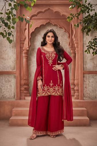 Red premium chinnon beads work suit set