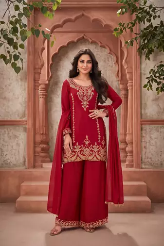 Red premium chinnon beads work suit set