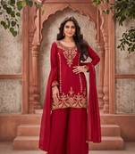 Red premium chinnon beads work suit set