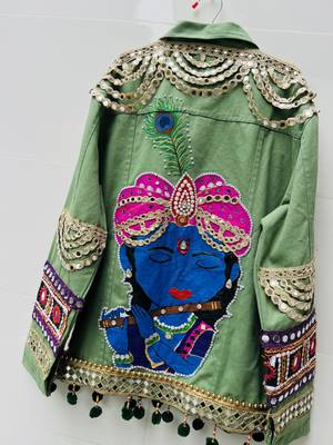 Navratri green pure denim jacket with kutchi mirror work 4