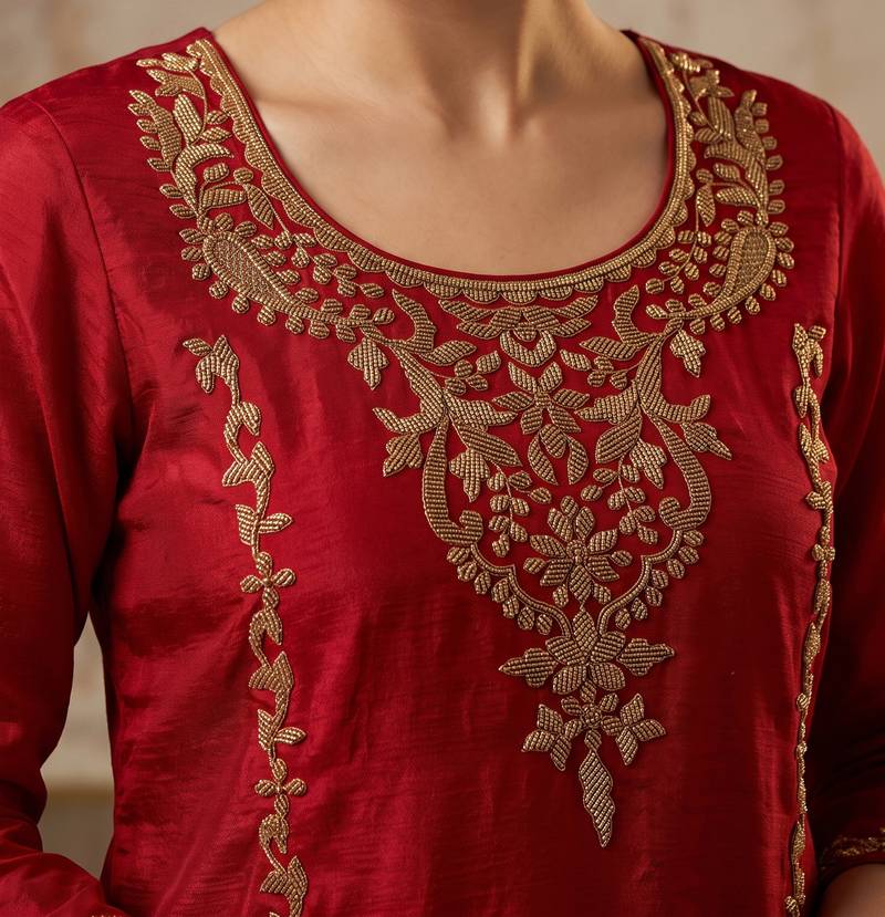 Red premium chinnon beads work suit set