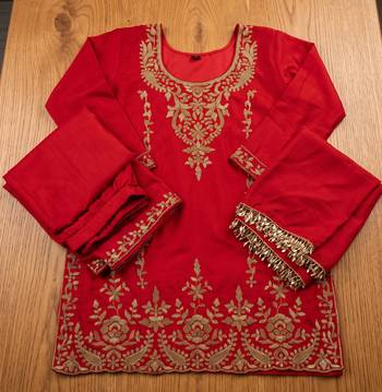 Red premium chinnon beads work suit set 3