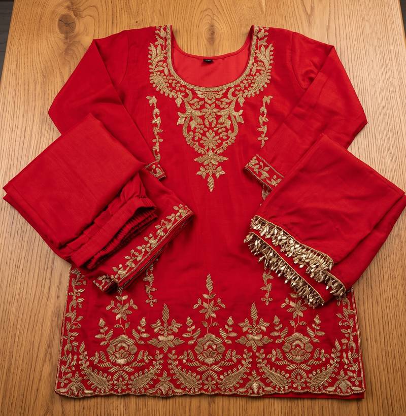 Red premium chinnon beads work suit set