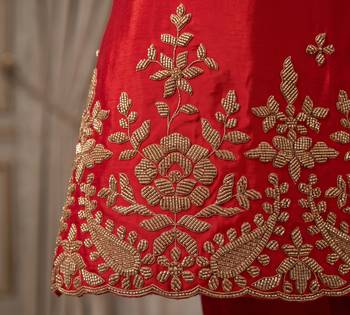 Red premium chinnon beads work suit set 4