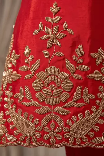 Red premium chinnon beads work suit set