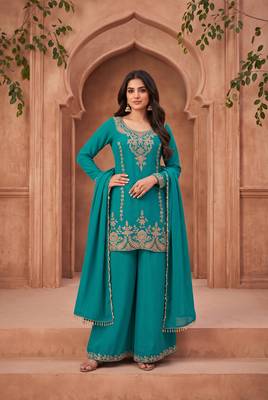 Teal blue premium chinnon beads work suit set 1