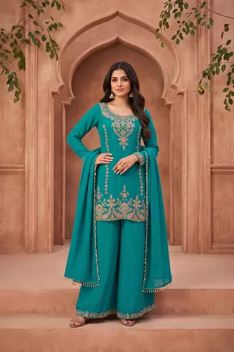 Teal blue premium chinnon beads work suit set