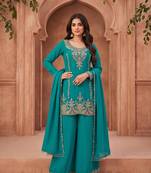 Teal blue premium chinnon beads work suit set