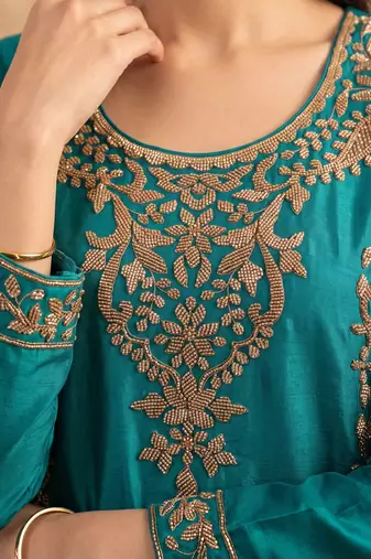 Teal blue premium chinnon beads work suit set